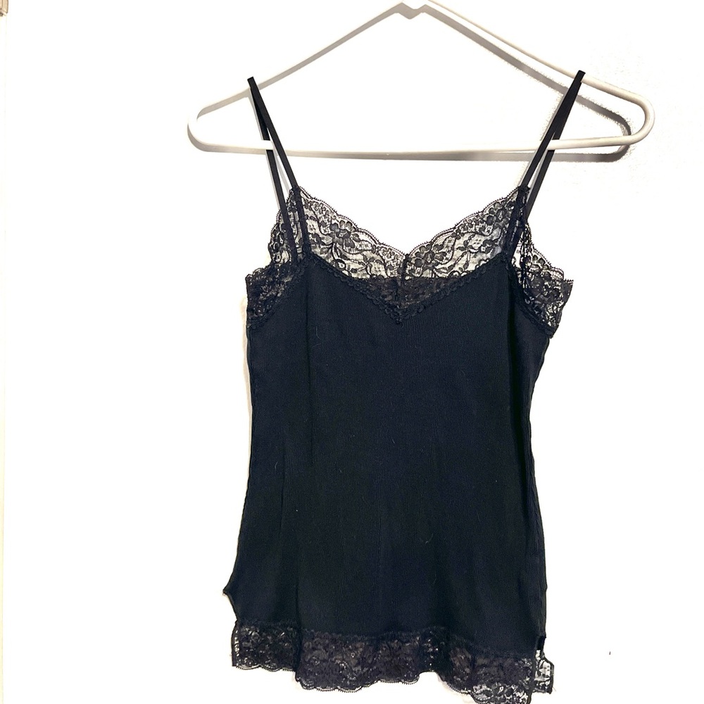 Black Rugby Lace Lined Spaghetti Strap Tank Top